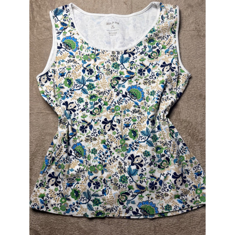 White Stag Women Floral Tank Top Blue Green 100% Cotton Size M Basics Eveeydag